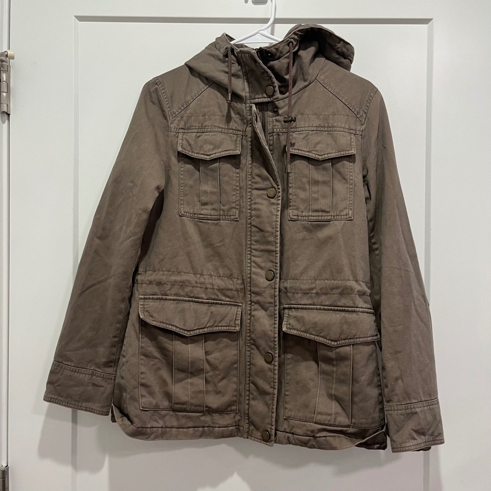 Lucky Brand Womens Small Brown Utility Field Jacket Hooded Quilted Lining